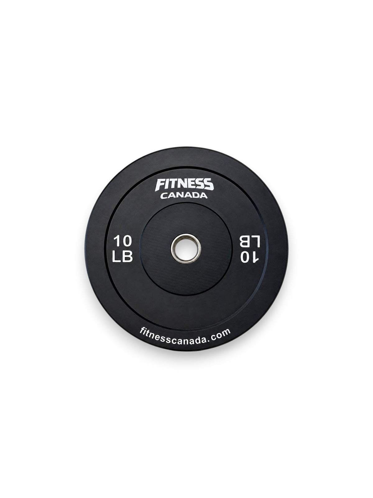 A single 10 LB Fitness Canada black rubber bumper plate with a stainless steel center ring and crisp white brand lettering, isolated on a white background as seen in image.