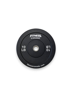 A single 10 LB Fitness Canada black rubber bumper plate with a stainless steel center ring and crisp white brand lettering, isolated on a white background as seen in image.