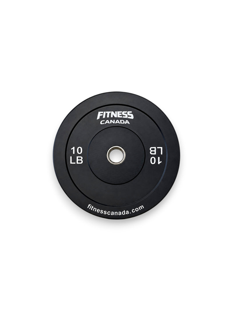 A single 10 LB Fitness Canada black rubber bumper plate with a stainless steel center ring and crisp white brand lettering, isolated on a white background as seen in image.
