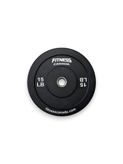 A single 15 LB Fitness Canada black rubber bumper plate with a stainless steel center ring and crisp white brand lettering, isolated on a white background as seen in image.