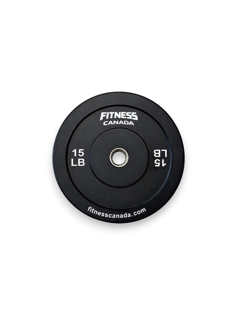 A single 15 LB Fitness Canada black rubber bumper plate with a stainless steel center ring and crisp white brand lettering, isolated on a white background as seen in image.