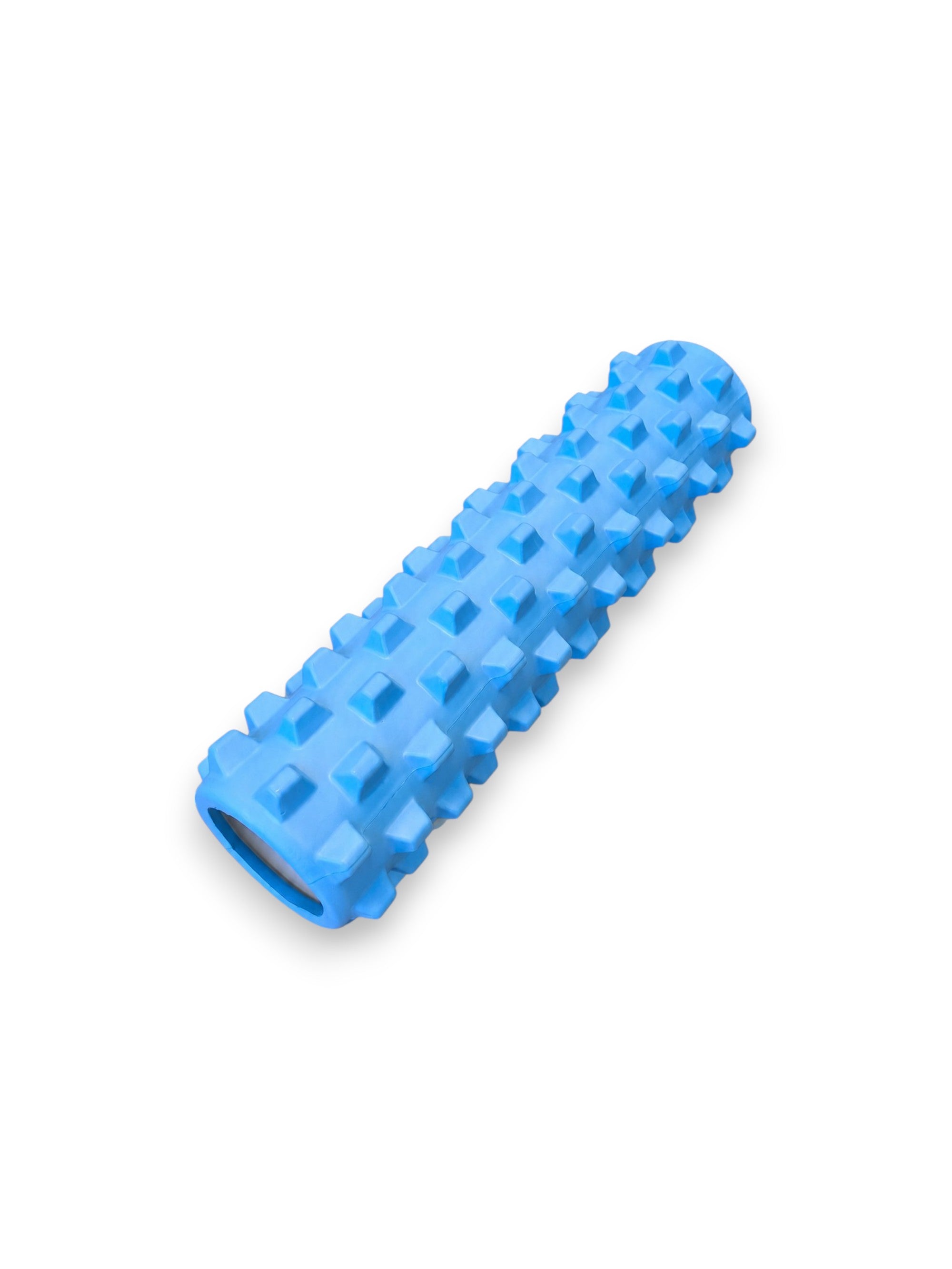 Vibrant sky blue 17.5 inch hollow-core knobbed foam roller from Fitness Canada featuring rows of firm, raised acupressure bumps designed for deep tissue muscle massage, isolated on a white background as seen in image.