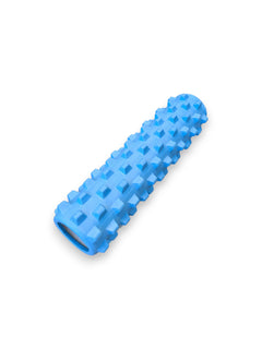 Vibrant sky blue 17.5 inch hollow-core knobbed foam roller from Fitness Canada featuring rows of firm, raised acupressure bumps designed for deep tissue muscle massage, isolated on a white background as seen in image.