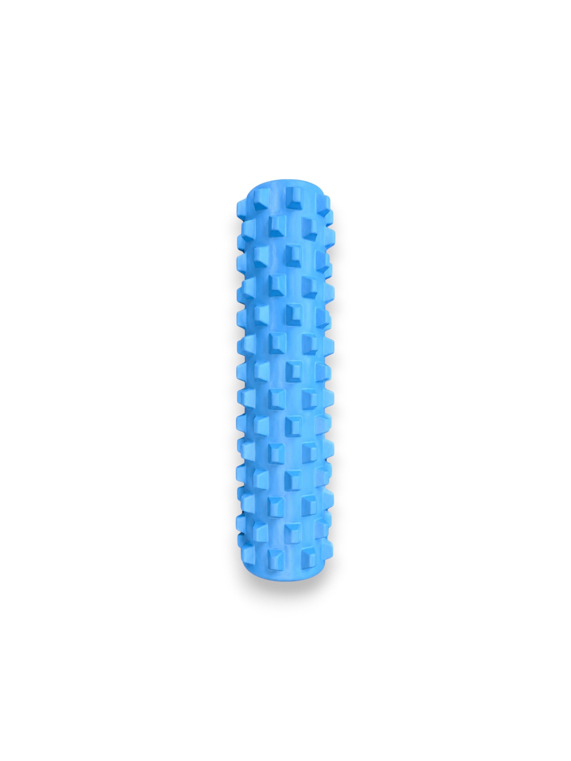 Vibrant sky blue 17.5 inch hollow-core knobbed foam roller from Fitness Canada featuring rows of firm, raised acupressure bumps designed for deep tissue muscle massage, isolated on a white background as seen in image.