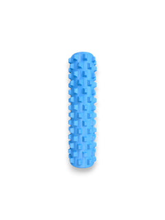 Vibrant sky blue 17.5 inch hollow-core knobbed foam roller from Fitness Canada featuring rows of firm, raised acupressure bumps designed for deep tissue muscle massage, isolated on a white background as seen in image.