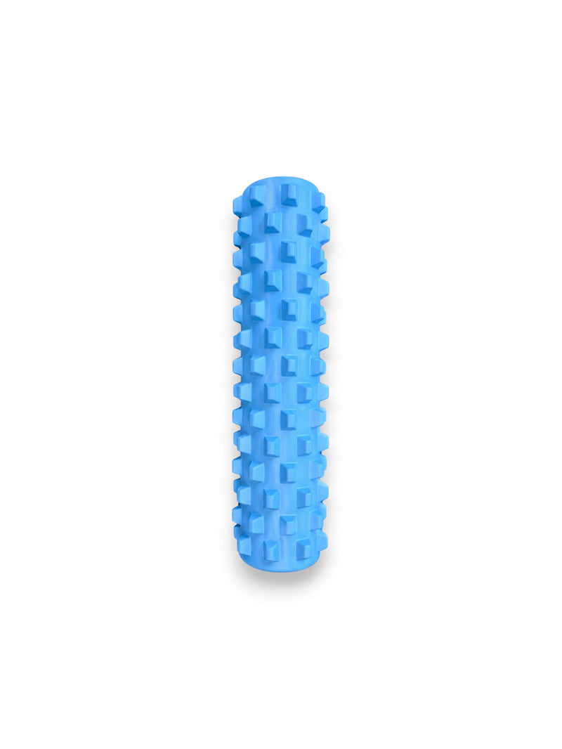 Vibrant sky blue 17.5 inch hollow-core knobbed foam roller from Fitness Canada featuring rows of firm, raised acupressure bumps designed for deep tissue muscle massage, isolated on a white background as seen in image.