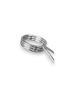 Closeup of heavy-duty polished chrome-finished metal 2 inch Olympic barbell spring clip featuring angled squeeze handles for secure plate storage, isolated on a white background as seen in image.