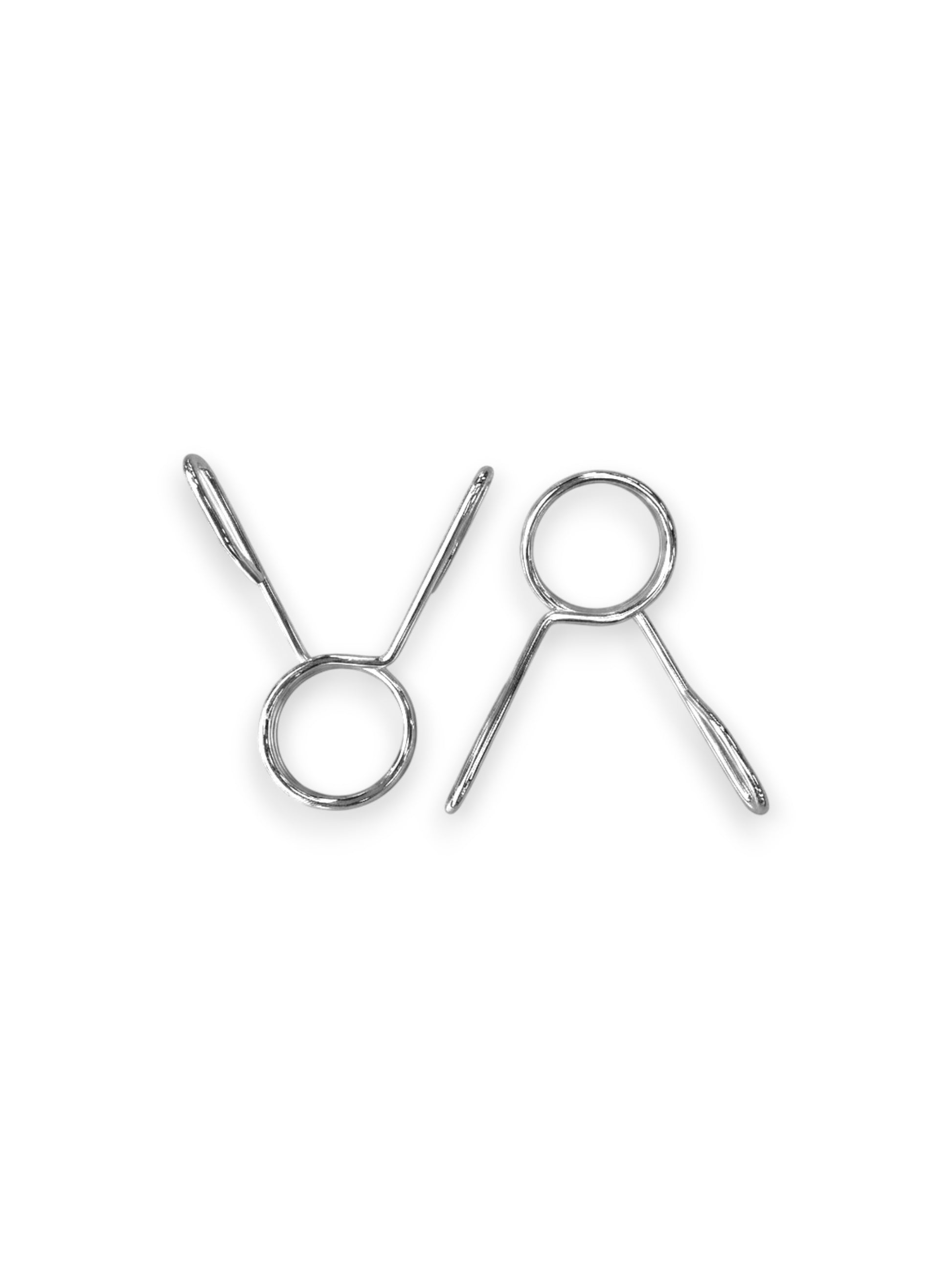 Pair of heavy-duty polished chrome-finished metal 2 inch Olympic barbell spring clips featuring angled squeeze handles for secure plate storage, isolated on a white background as seen in image.