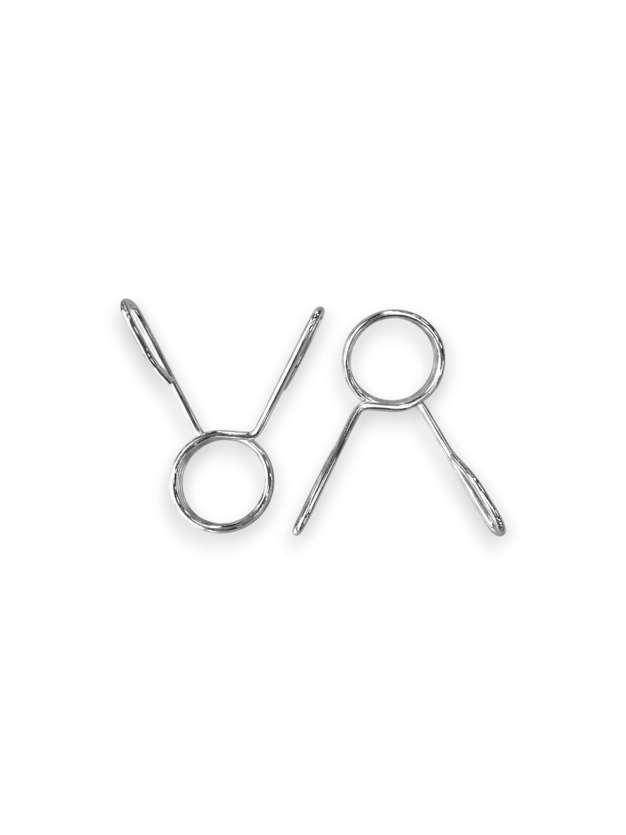 Pair of heavy-duty polished chrome-finished metal 2 inch Olympic barbell spring clips featuring angled squeeze handles for secure plate storage, isolated on a white background as seen in image.