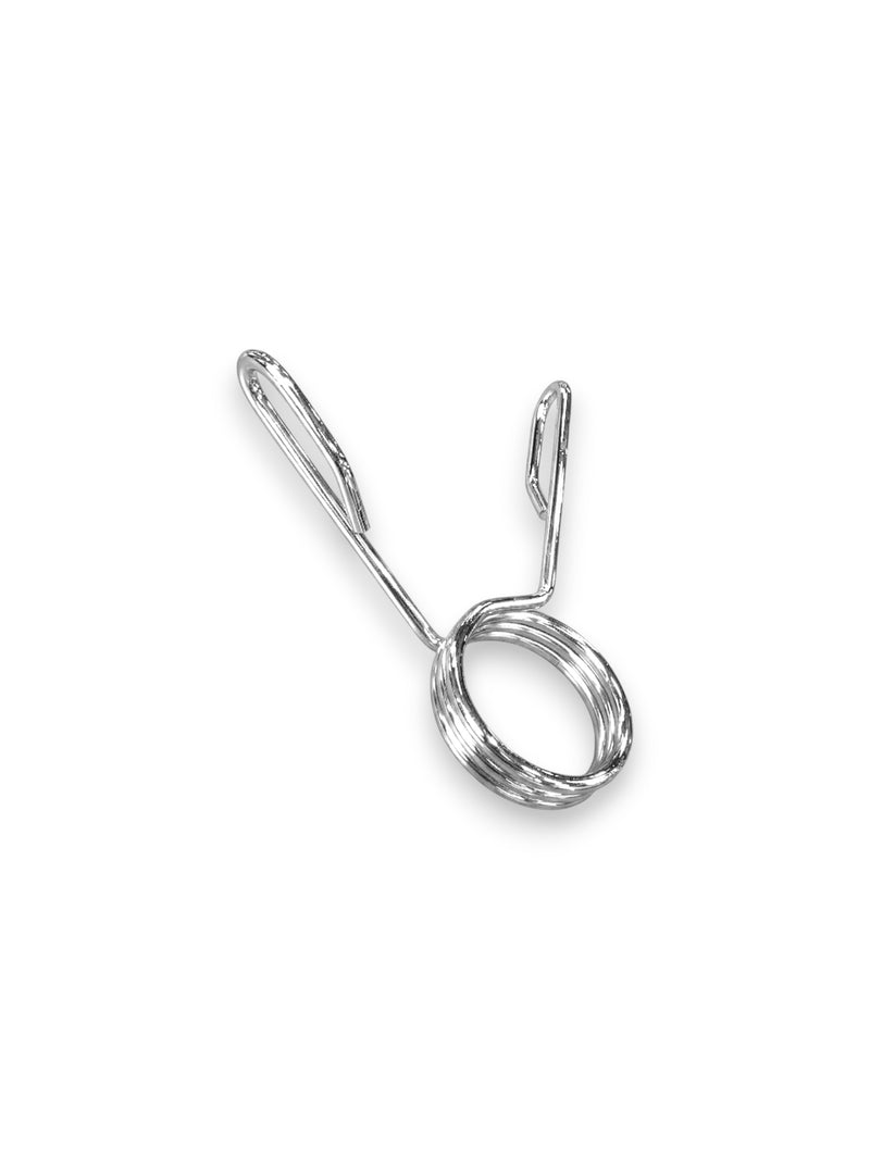 Heavy-duty polished chrome-finished metal 2 inch Olympic barbell spring clip featuring angled squeeze handles for secure plate storage, isolated on a white background as seen in image.