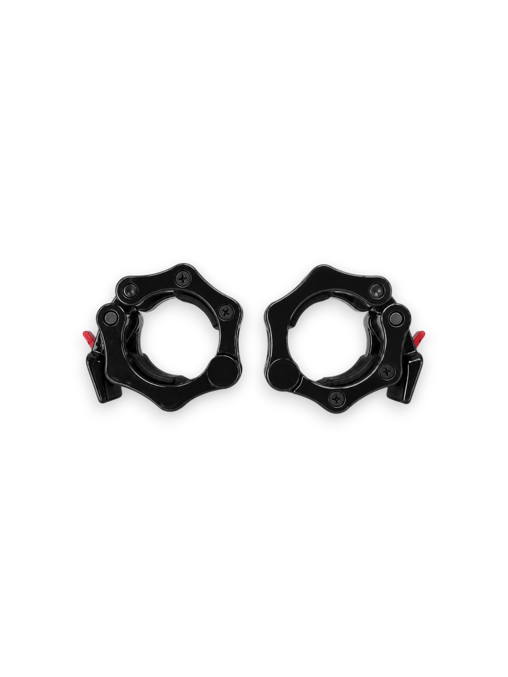A pair of Fitness Canada heavy-duty 2 inch Olympic plastic quick-release barbell collars with inner rubber grip pads shown in black, isolated on a white background as seen in image.