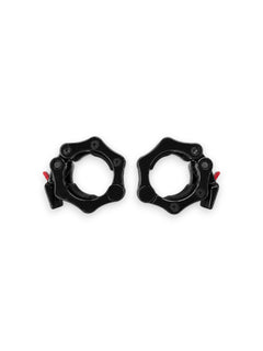 A pair of Fitness Canada heavy-duty 2 inch Olympic plastic quick-release barbell collars with inner rubber grip pads shown in black, isolated on a white background as seen in image.