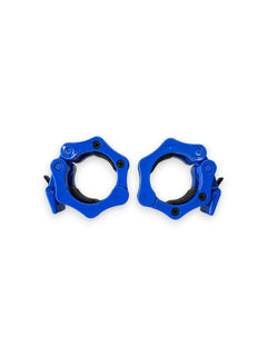 A pair of Fitness Canada heavy-duty 2 inch Olympic plastic quick-release barbell collars with inner rubber grip pads shown in blue, isolated on a white background as seen in image.