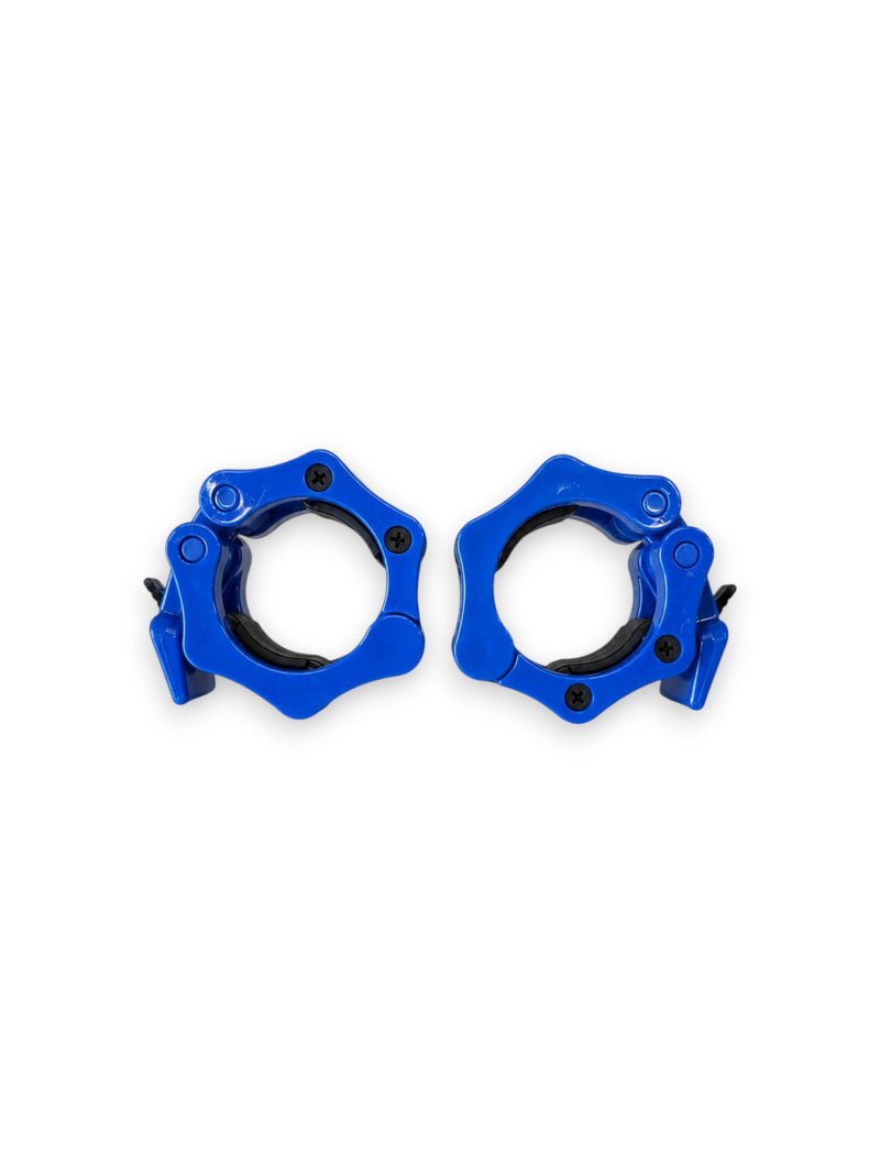 A pair of Fitness Canada heavy-duty 2 inch Olympic plastic quick-release barbell collars with inner rubber grip pads shown in blue, isolated on a white background as seen in image.