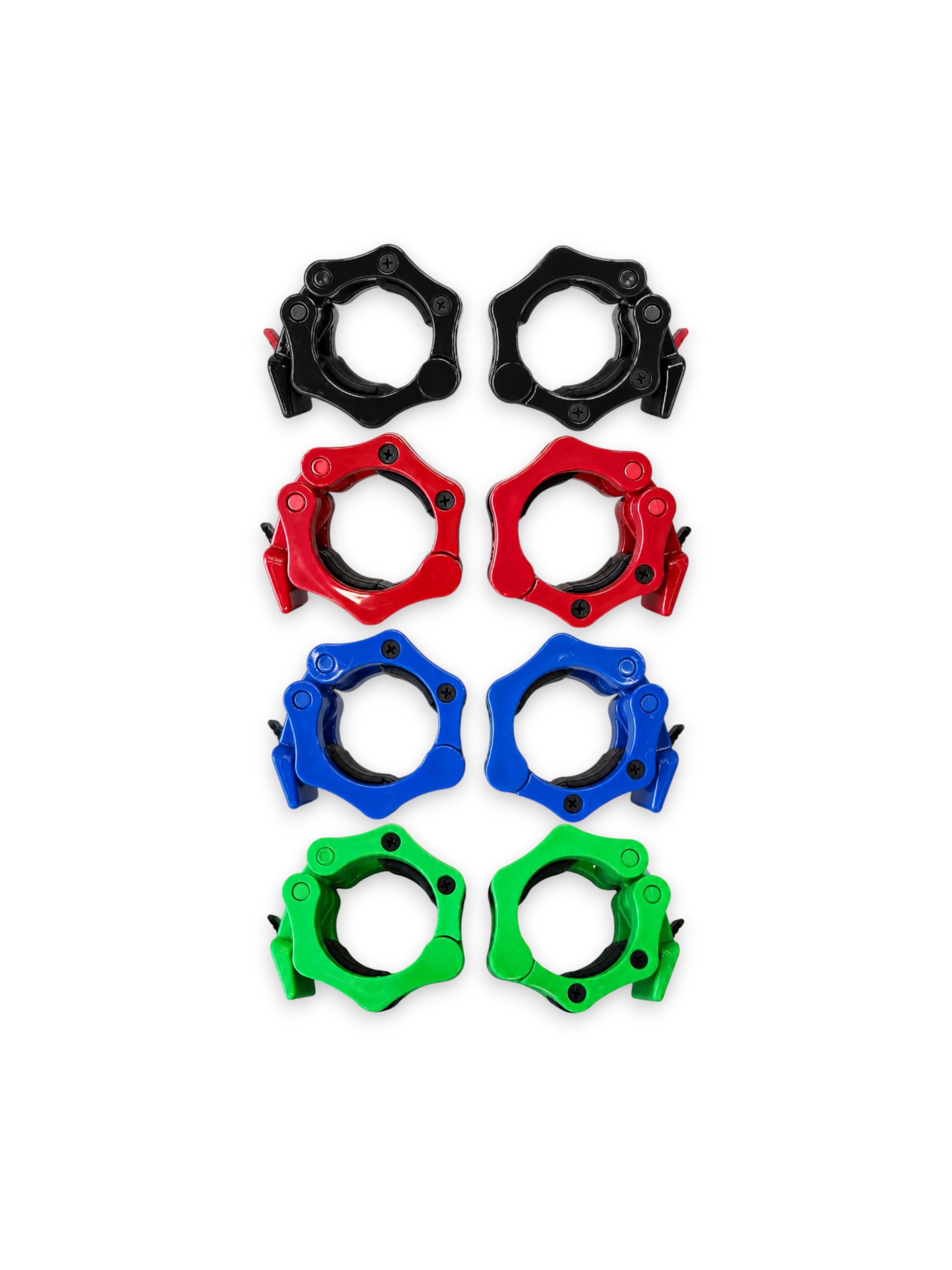 An assortment of Fitness Canada heavy-duty 2 inch Olympic plastic quick-release barbell collars with inner rubber grip pads shown in black, red, blue, and green color options, isolated on a white background as seen in image.
