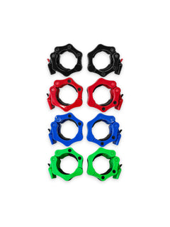 An assortment of Fitness Canada heavy-duty 2 inch Olympic plastic quick-release barbell collars with inner rubber grip pads shown in black, red, blue, and green color options, isolated on a white background as seen in image.