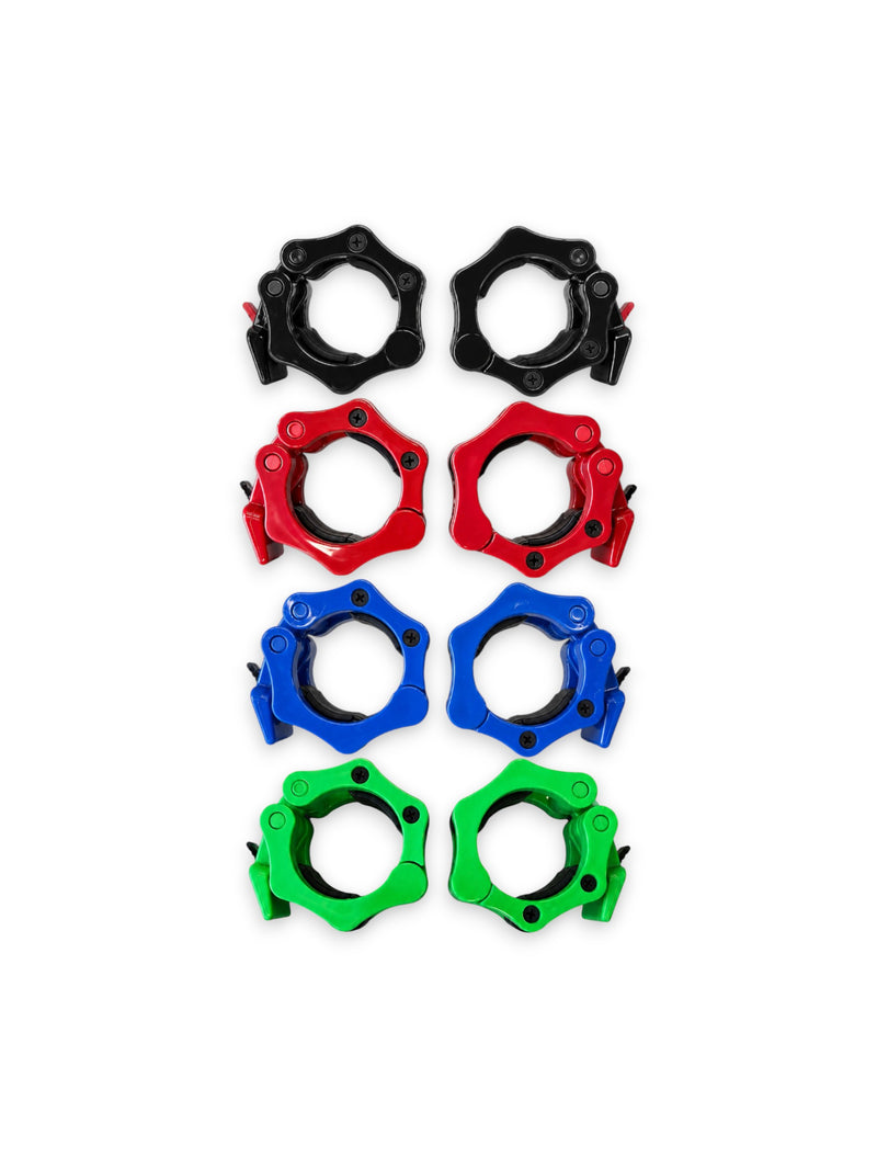 An assortment of Fitness Canada heavy-duty 2 inch Olympic plastic quick-release barbell collars with inner rubber grip pads shown in black, red, blue, and green color options, isolated on a white background as seen in image.