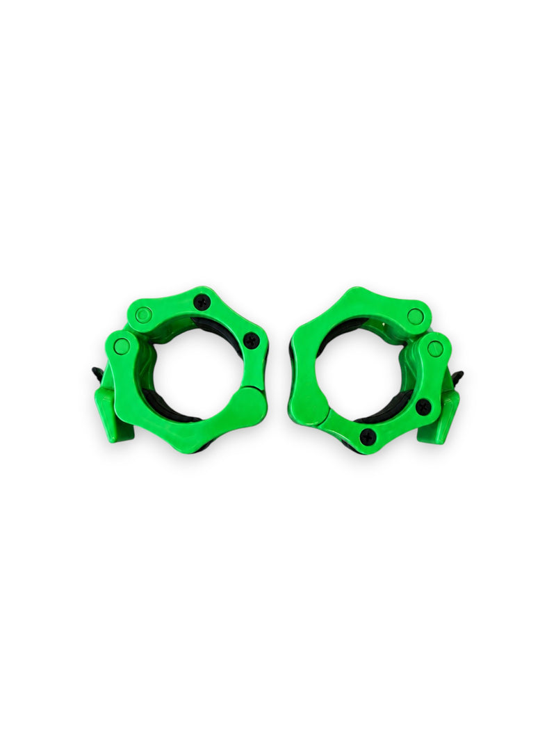 A pair of Fitness Canada heavy-duty 2 inch Olympic plastic quick-release barbell collars with inner rubber grip pads shown in neon green, isolated on a white background as seen in image.