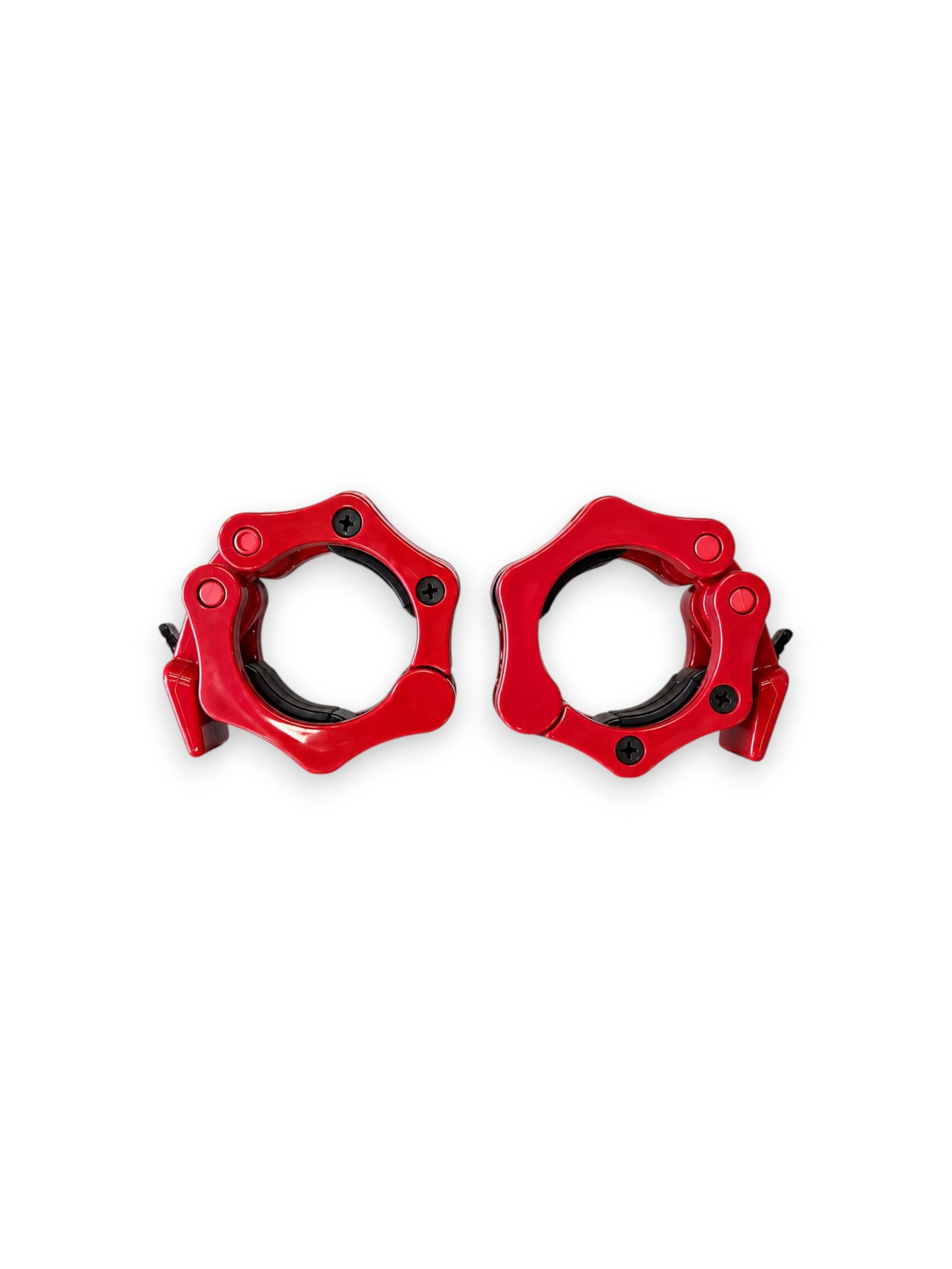 A pair of Fitness Canada heavy-duty 2 inch Olympic plastic quick-release barbell collars with inner rubber grip pads shown in red, isolated on a white background as seen in image.