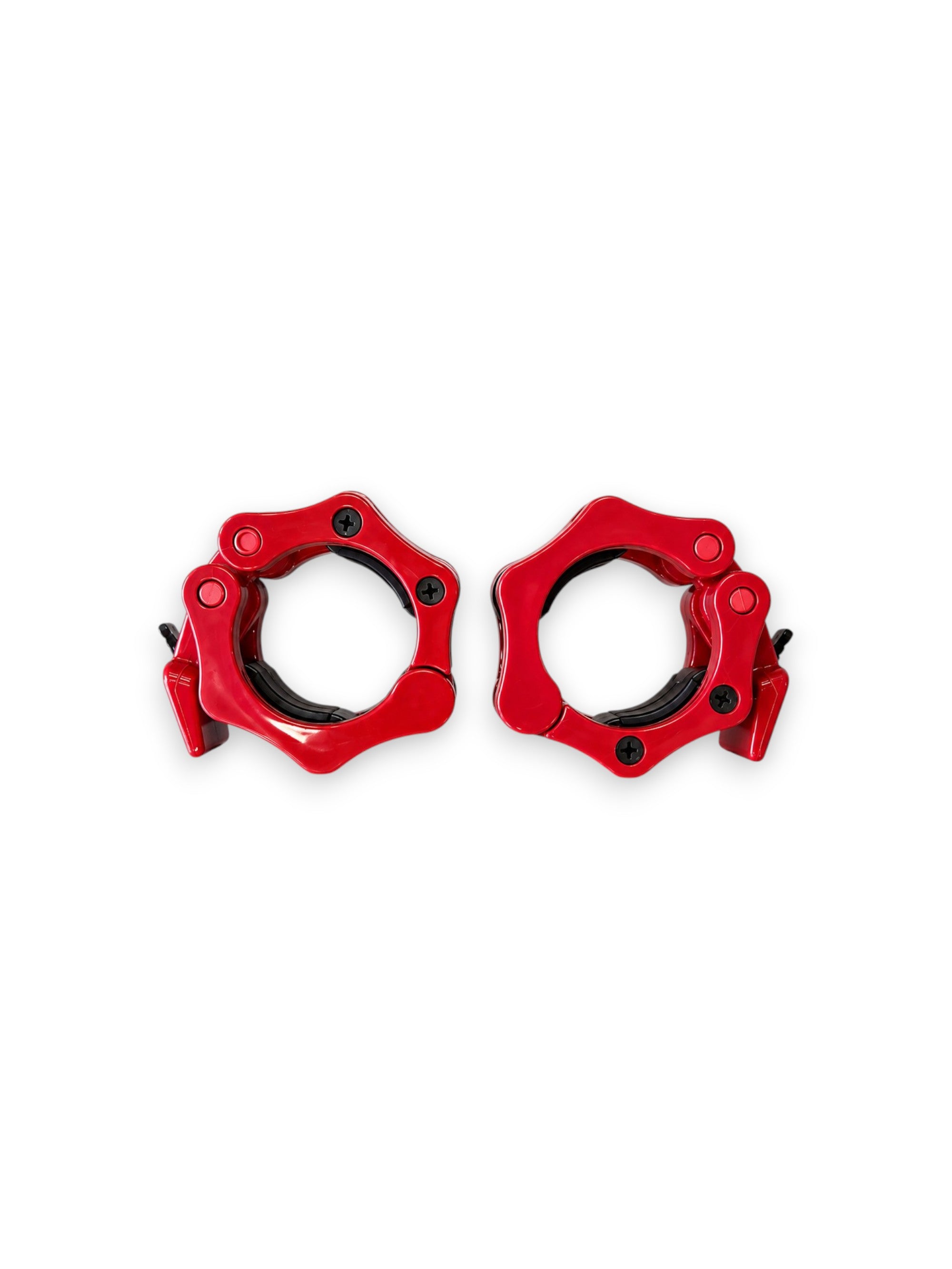 A pair of Fitness Canada heavy-duty 2 inch Olympic plastic quick-release barbell collars with inner rubber grip pads shown in red, isolated on a white background as seen in image.