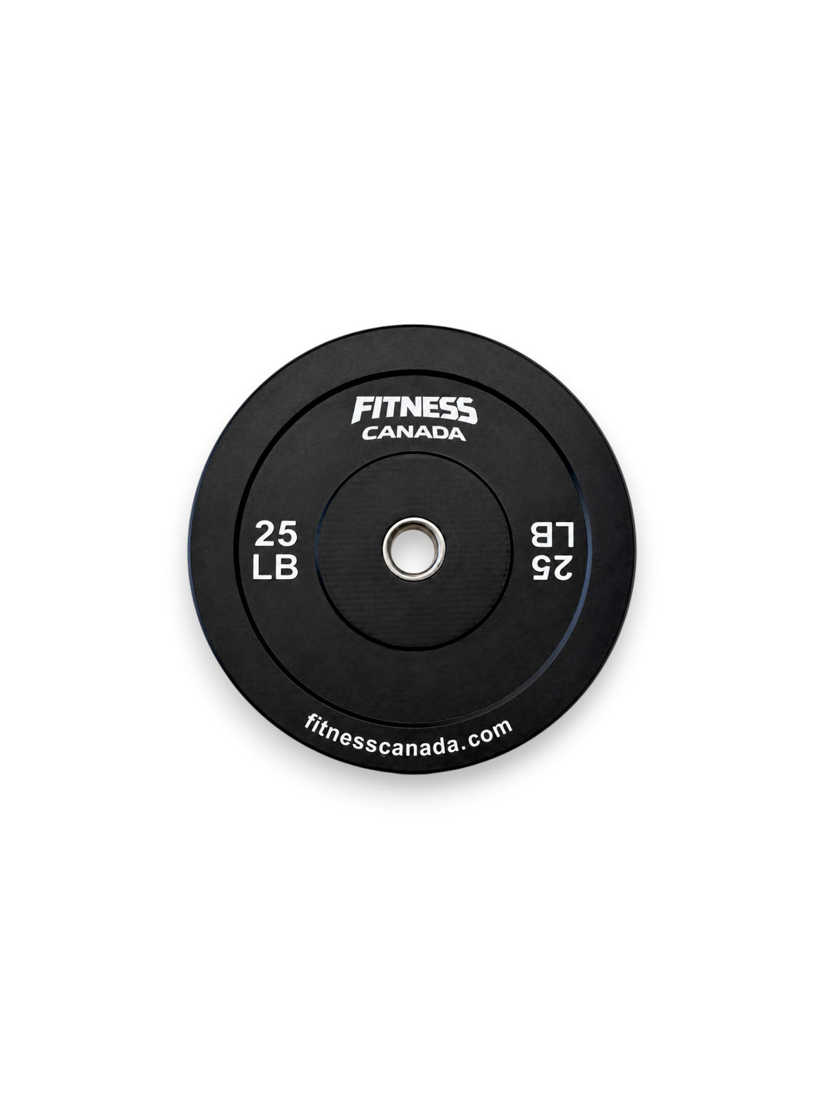 A single 25 LB Fitness Canada black rubber bumper plate with a stainless steel center ring and crisp white brand lettering, isolated on a white background as seen in image.