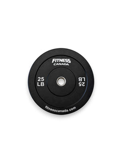 A single 25 LB Fitness Canada black rubber bumper plate with a stainless steel center ring and crisp white brand lettering, isolated on a white background as seen in image.