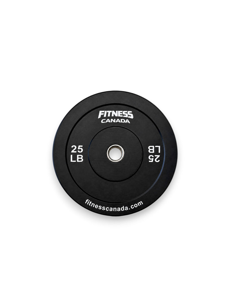 A single 25 LB Fitness Canada black rubber bumper plate with a stainless steel center ring and crisp white brand lettering, isolated on a white background as seen in image.