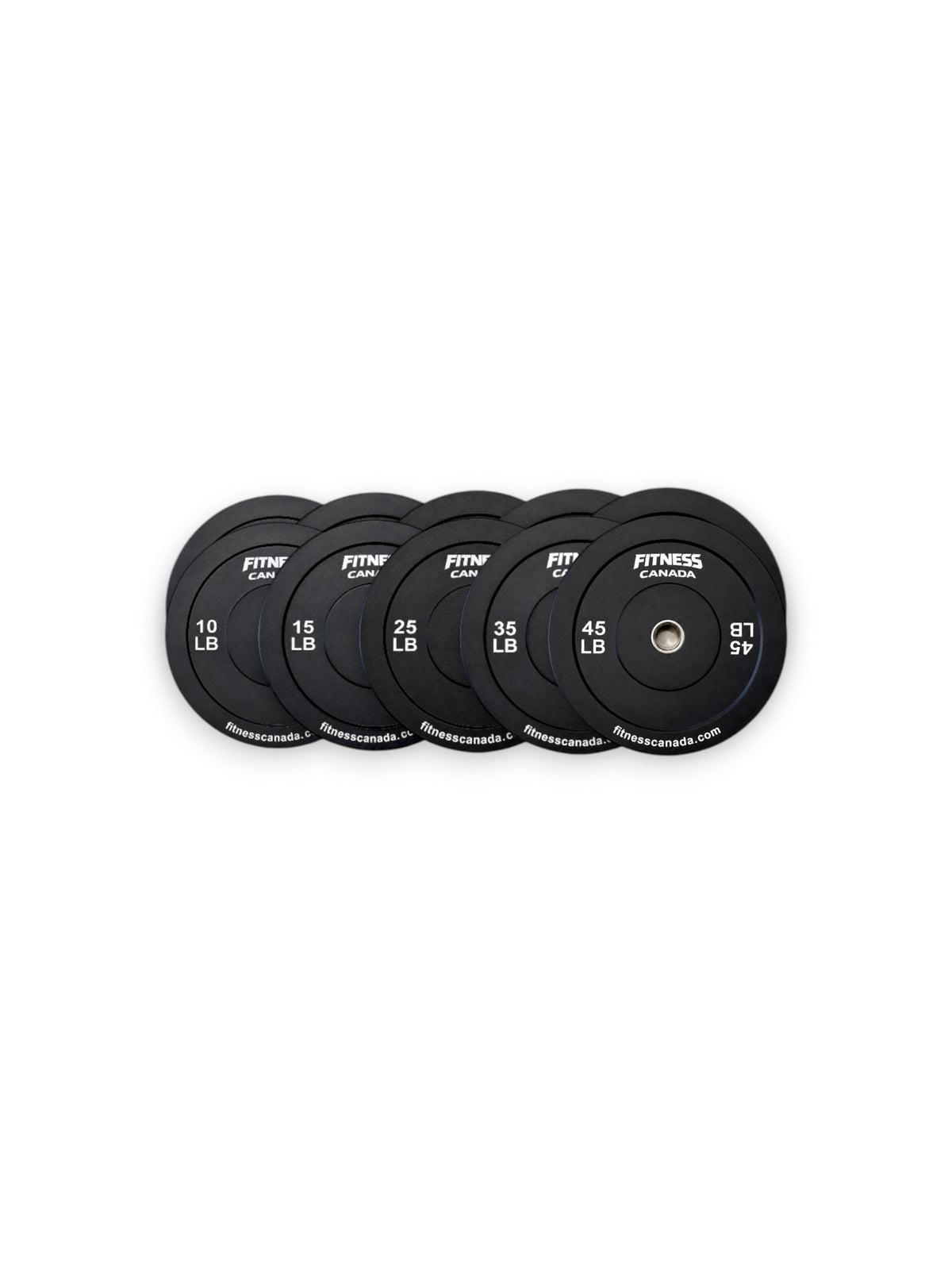 260LBS of Fitness Canada black rubber bumper plates with a stainless steel center ring and crisp white brand lettering. Includes pairs of 10, 15, 25, 35, and 45lb black bumper plates.