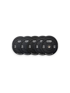 260LBS of Fitness Canada black rubber bumper plates with a stainless steel center ring and crisp white brand lettering. Includes pairs of 10, 15, 25, 35, and 45lb black bumper plates.