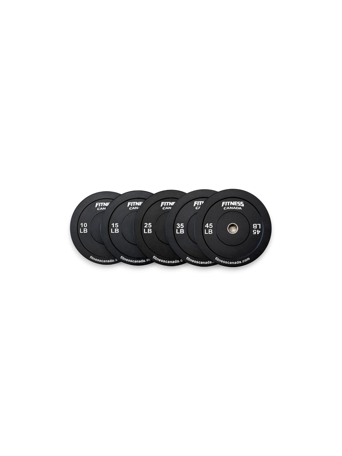 A set of 260LBS of Fitness Canada black rubber bumper plates with a stainless steel center ring and crisp white brand lettering, isolated on a white background as seen in image.
