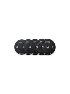 A set of 260LBS of Fitness Canada black rubber bumper plates with a stainless steel center ring and crisp white brand lettering, isolated on a white background as seen in image.