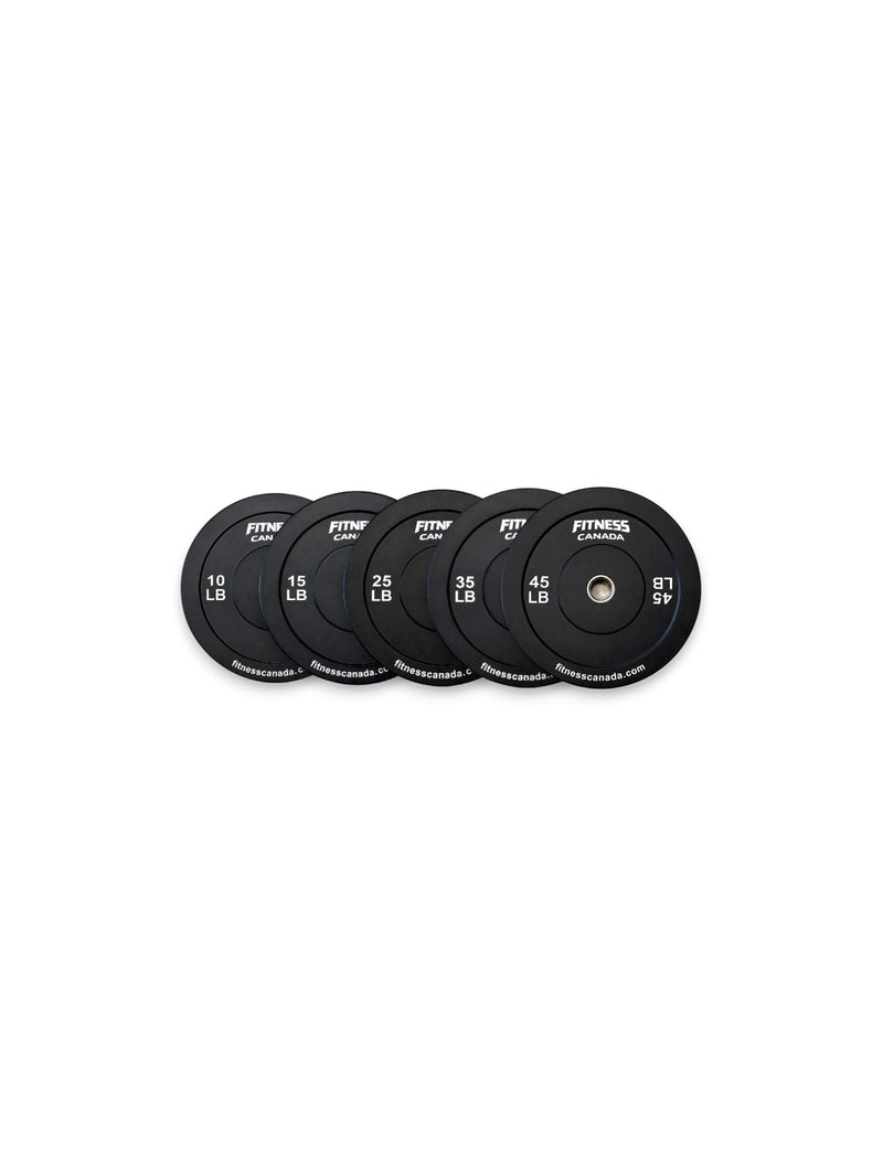 A set of 260LBS of Fitness Canada black rubber bumper plates with a stainless steel center ring and crisp white brand lettering, isolated on a white background as seen in image.