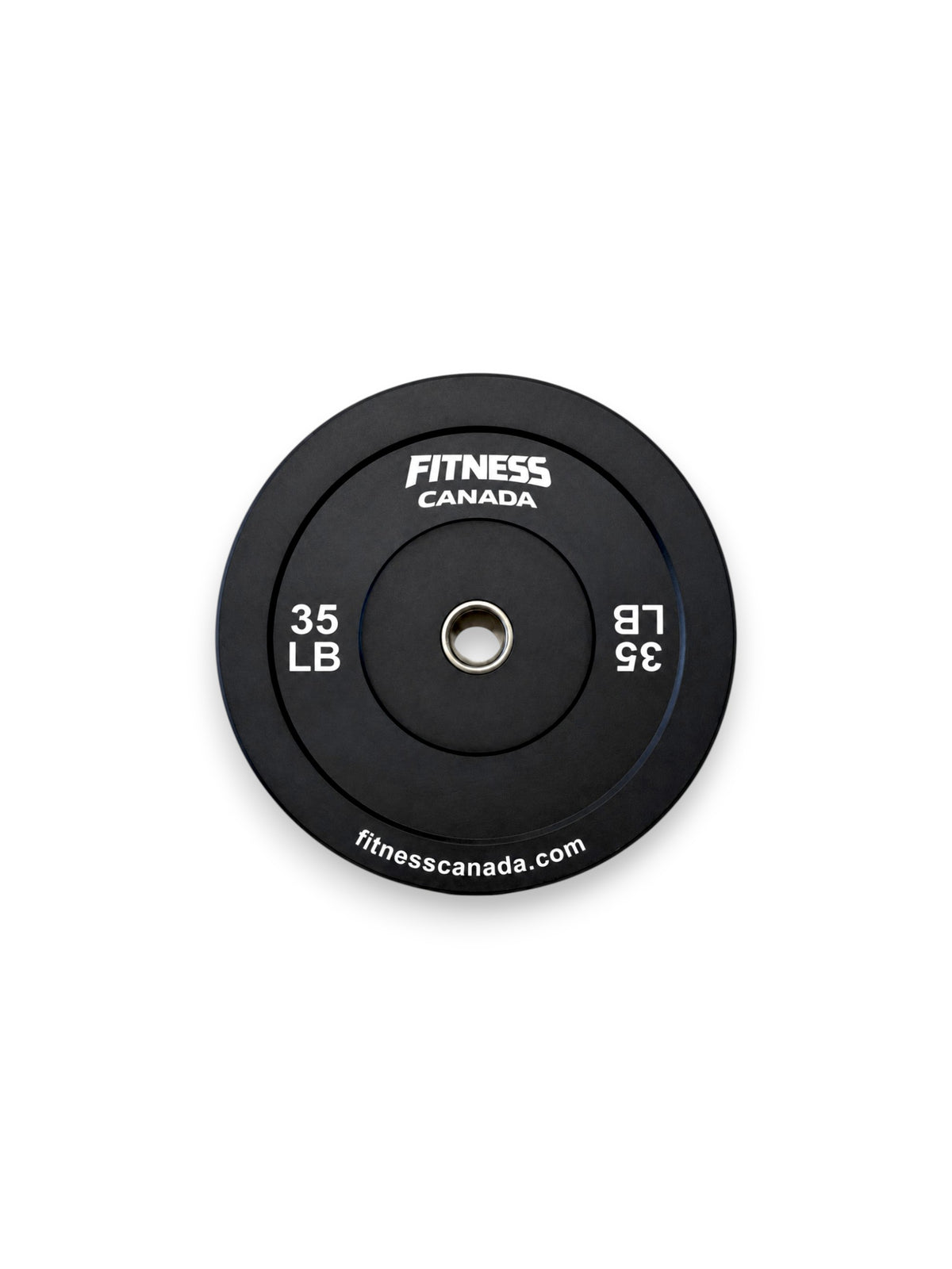 A single 35 LB Fitness Canada black rubber bumper plate with a stainless steel center ring and crisp white brand lettering, isolated on a white background as seen in image.
