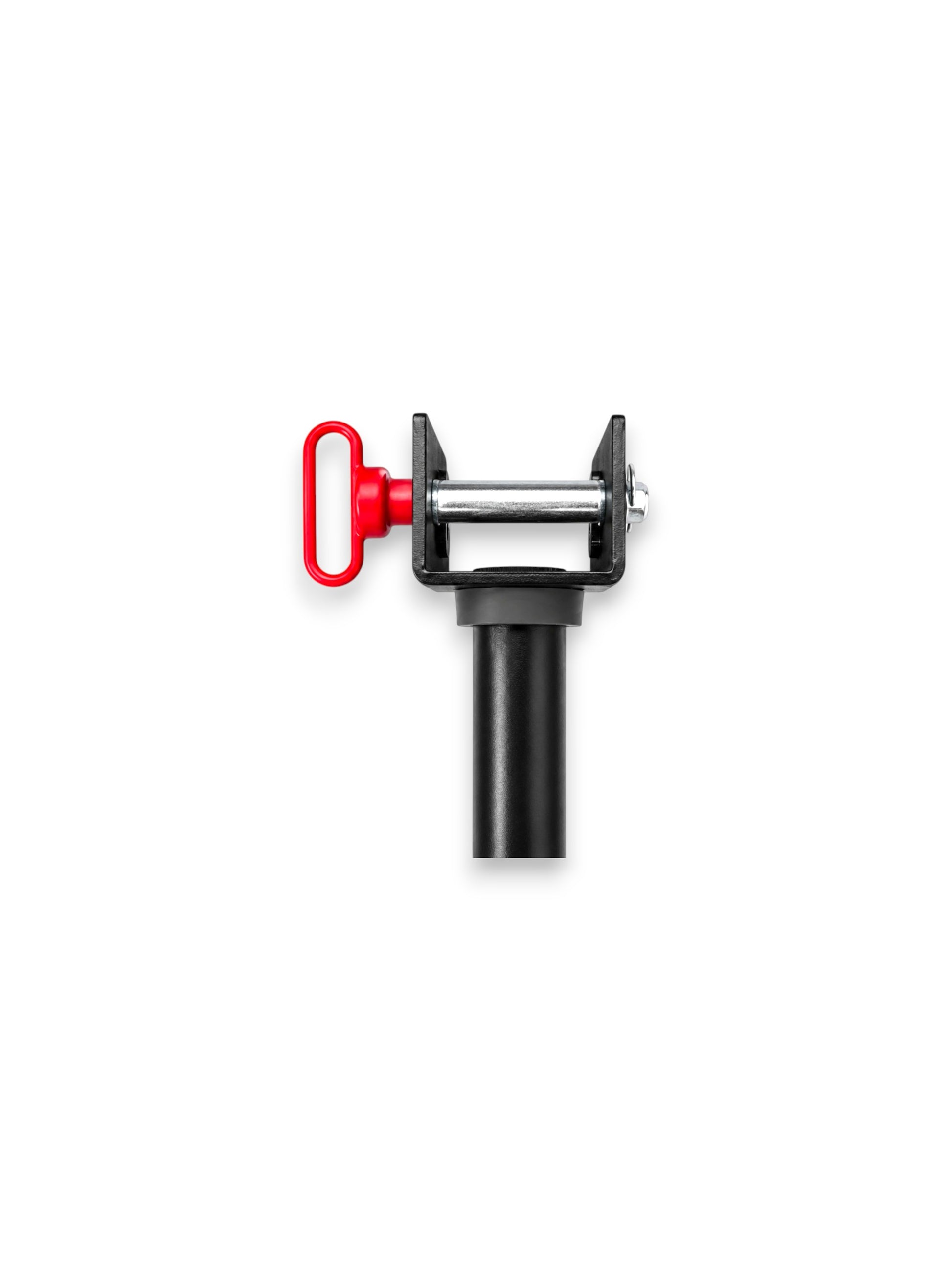 Heavy-duty matte black steel adjustable weight plate peg storage attachment for 3x3 inch power racks with a 15.5 inch pin sleeve and a vibrant red quick-release locking handle, isolated on a white background as seen in PLATE PEG ATTACHMENT FOR 3X3_ 1_ HOLE RACK.