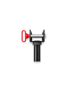 Heavy-duty matte black steel adjustable weight plate peg storage attachment for 3x3 inch power racks with a 15.5 inch pin sleeve and a vibrant red quick-release locking handle, isolated on a white background as seen in PLATE PEG ATTACHMENT FOR 3X3_ 1_ HOLE RACK.