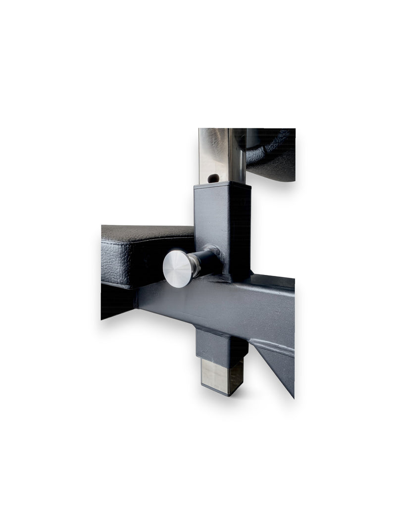 Heavy-duty matte black steel lat pulldown seat and leg holder attachment designed for 3x3 inch power rack uprights, featuring an adjustable vinyl knee roller pad and a thick padded seat, isolated on a white background as seen in LAT PULLDOWN SEAT FOR 3X3 RACK.