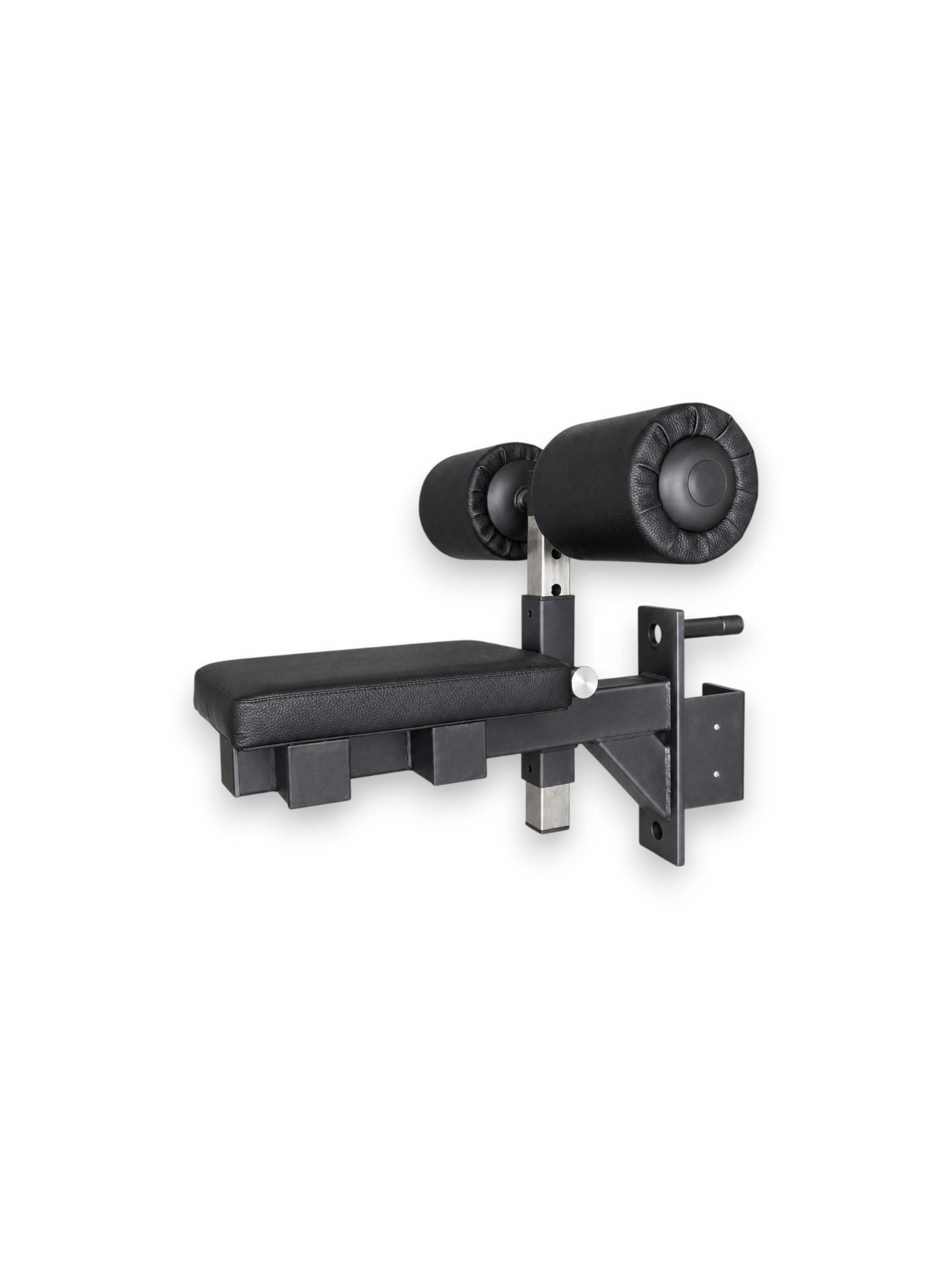 Heavy-duty matte black steel lat pulldown seat and leg holder attachment designed for 3x3 inch power rack uprights, featuring an adjustable vinyl knee roller pad and a thick padded seat, isolated on a white background as seen in LAT PULLDOWN SEAT FOR 3X3 RACK.