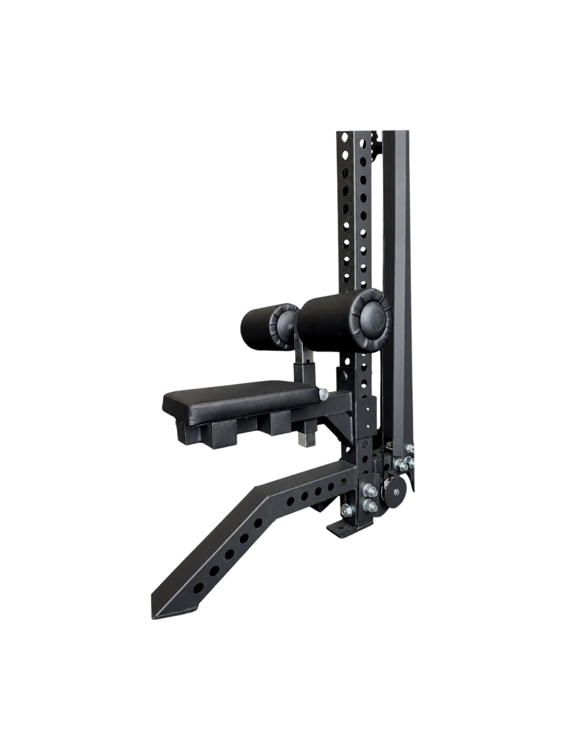Heavy-duty matte black steel lat pulldown seat and leg holder attachment designed for 3x3 inch power rack uprights, featuring an adjustable vinyl knee roller pad and a thick padded seat, isolated on a white background as seen in LAT PULLDOWN SEAT FOR 3X3 RACK.