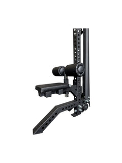 Heavy-duty matte black steel lat pulldown seat and leg holder attachment designed for 3x3 inch power rack uprights, featuring an adjustable vinyl knee roller pad and a thick padded seat, isolated on a white background as seen in LAT PULLDOWN SEAT FOR 3X3 RACK.