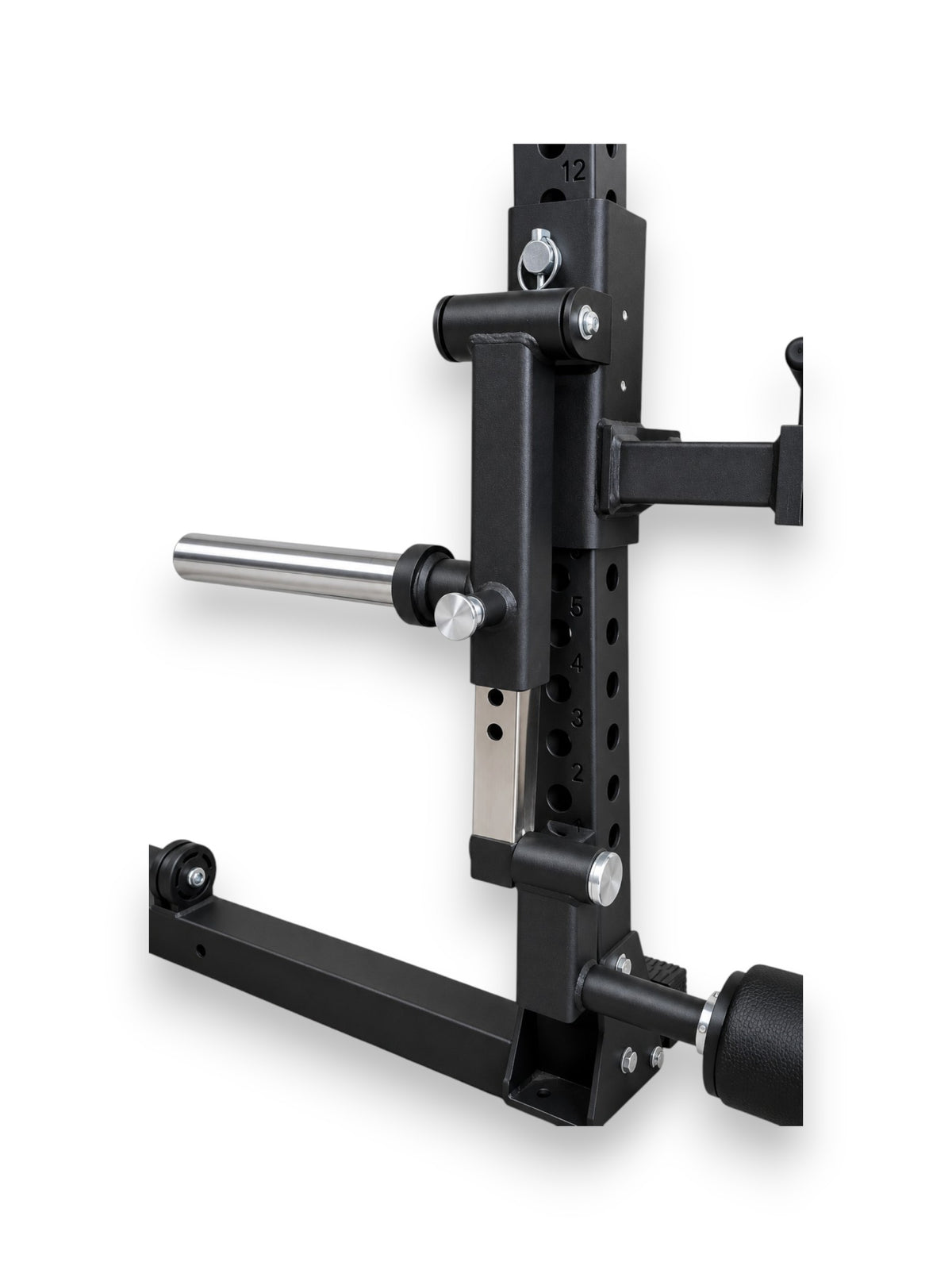 Heavy-duty 3x3 inch rack-mounted leg curl and leg extension seat attachment with padded rollers and Olympic weight horn. Adjustable leg curl and extension arm with 6 holes for adjustment