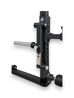 Heavy-duty 3x3 inch rack-mounted leg curl and leg extension seat attachment with padded rollers and Olympic weight horn. Adjustable leg curl and extension arm with 6 holes for adjustment