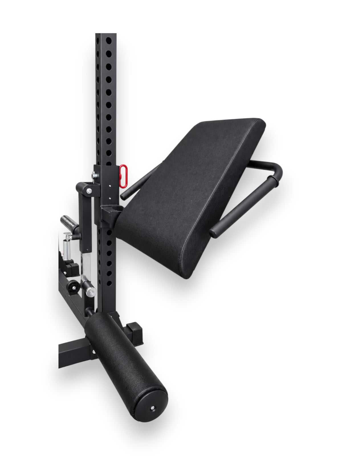 Black 3x3 inch rack-mounted leg extension and curl seat attachment with high-density foam roller pads and Olympic plate loading sleeve mounted on 3x3 inch rack upright post