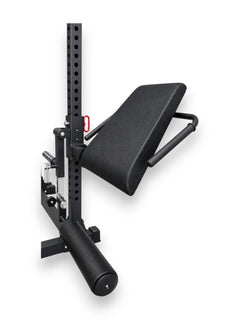 Black 3x3 inch rack-mounted leg extension and curl seat attachment with high-density foam roller pads and Olympic plate loading sleeve mounted on 3x3 inch rack upright post