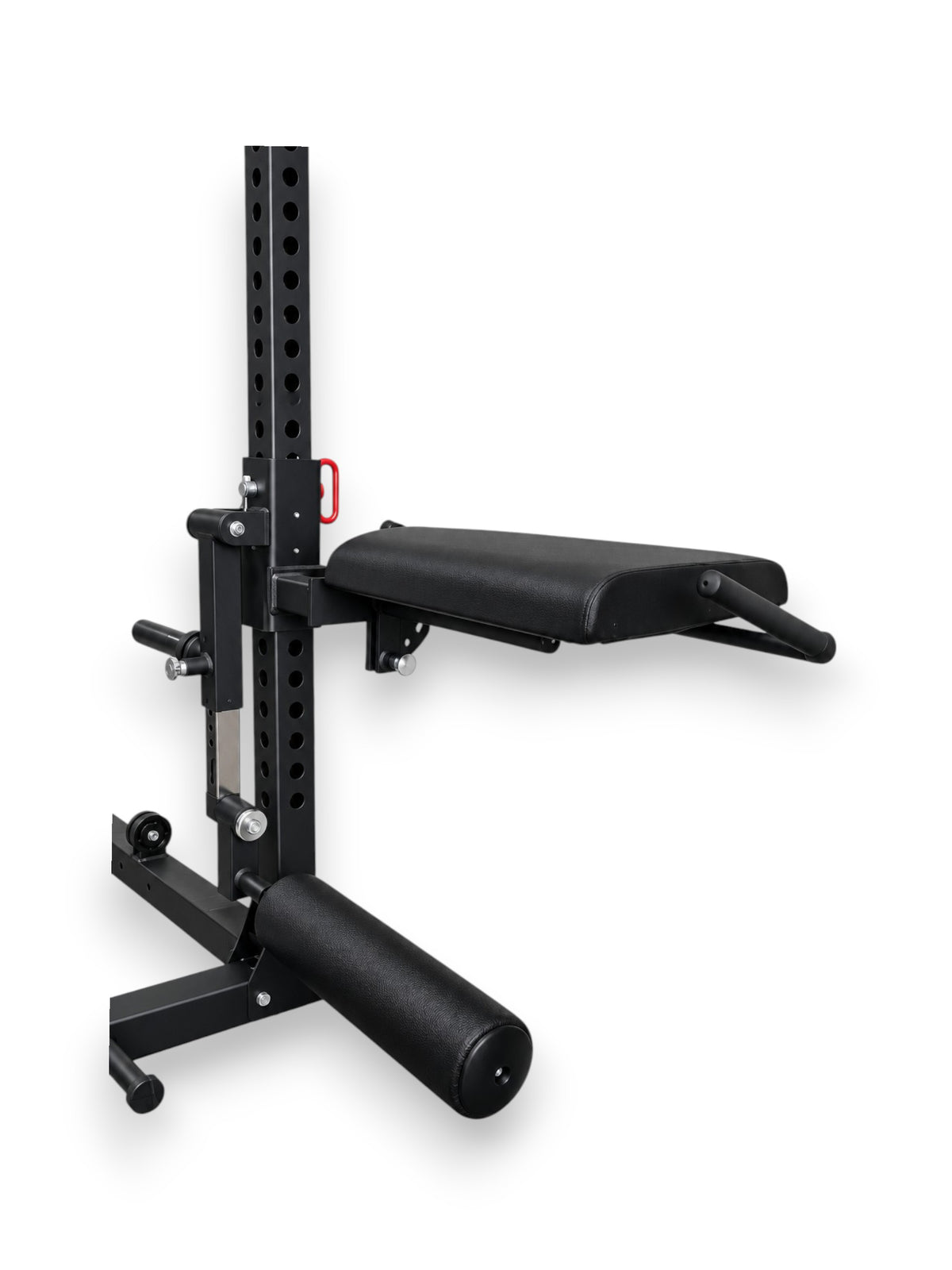 Heavy-duty 3x3 inch rack-mounted leg curl and leg extension seat attachment with padded rollers and Olympic weight horn with seat in flat position