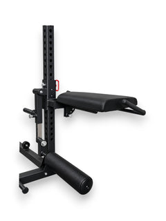 Heavy-duty 3x3 inch rack-mounted leg curl and leg extension seat attachment with padded rollers and Olympic weight horn with seat in flat position