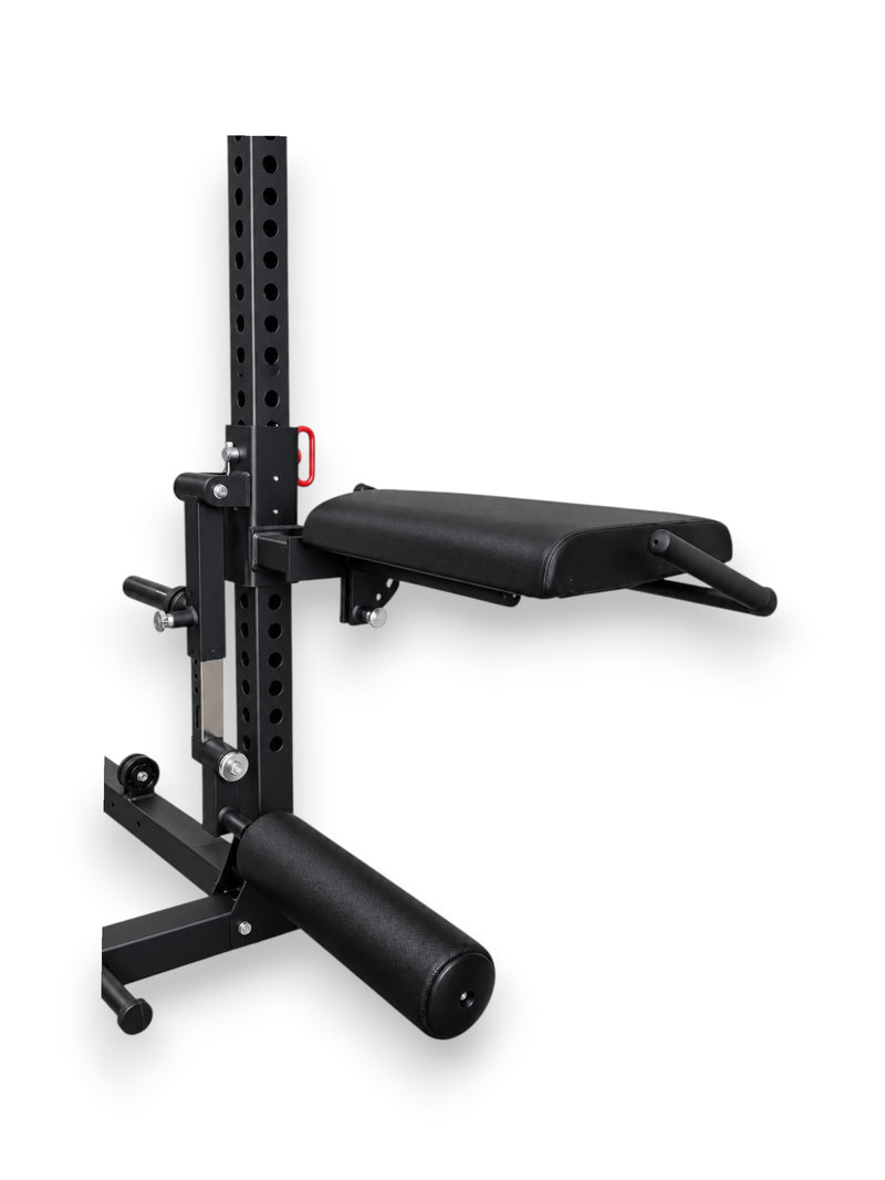 Heavy-duty 3x3 inch rack-mounted leg curl and leg extension seat attachment with padded rollers and Olympic weight horn with seat in flat position