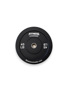 A single 45 LB Fitness Canada black rubber bumper plate with a stainless steel center ring and crisp white brand lettering, isolated on a white background as seen in image.