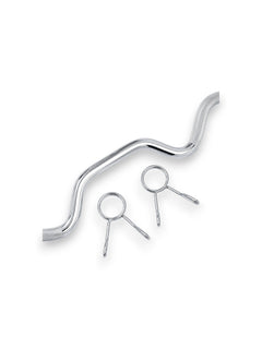 Solid steel 4ft Olympic Super EZ Curl Bar from Fitness Canada featuring highly aggressive ergonomic curves, precision mild knurling, and included pair of spring clips isolated on a white background as seen in image.