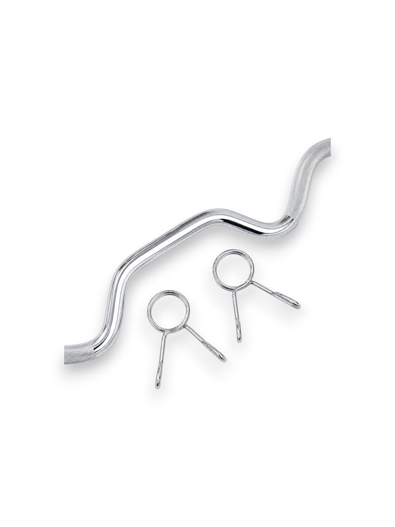Solid steel 4ft Olympic Super EZ Curl Bar from Fitness Canada featuring highly aggressive ergonomic curves, precision mild knurling, and included pair of spring clips isolated on a white background as seen in image.