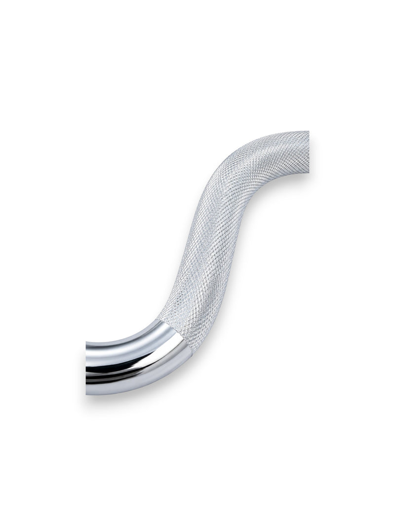 Solid steel 4ft Olympic Super EZ Curl Bar from Fitness Canada featuring highly aggressive ergonomic curves and precision mild knurling, isolated on a white background as seen in image.